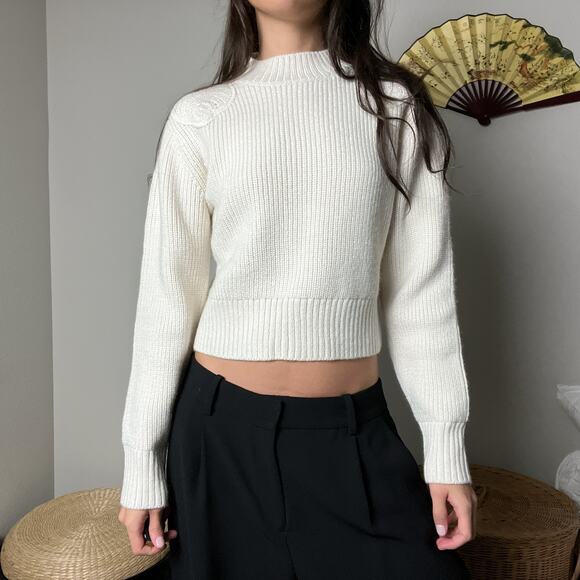 mango mng cream minimalist sea shell embroidered knit crop boxy fit sweater - Picture 1 of 11
